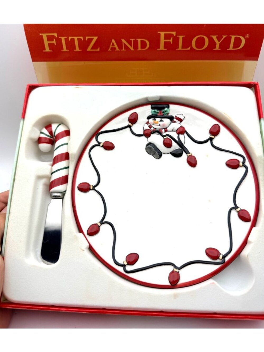 Fitz And Floyd Christmas Snack Plate & Spreader Set Snowman & Candy Cane Ceramic